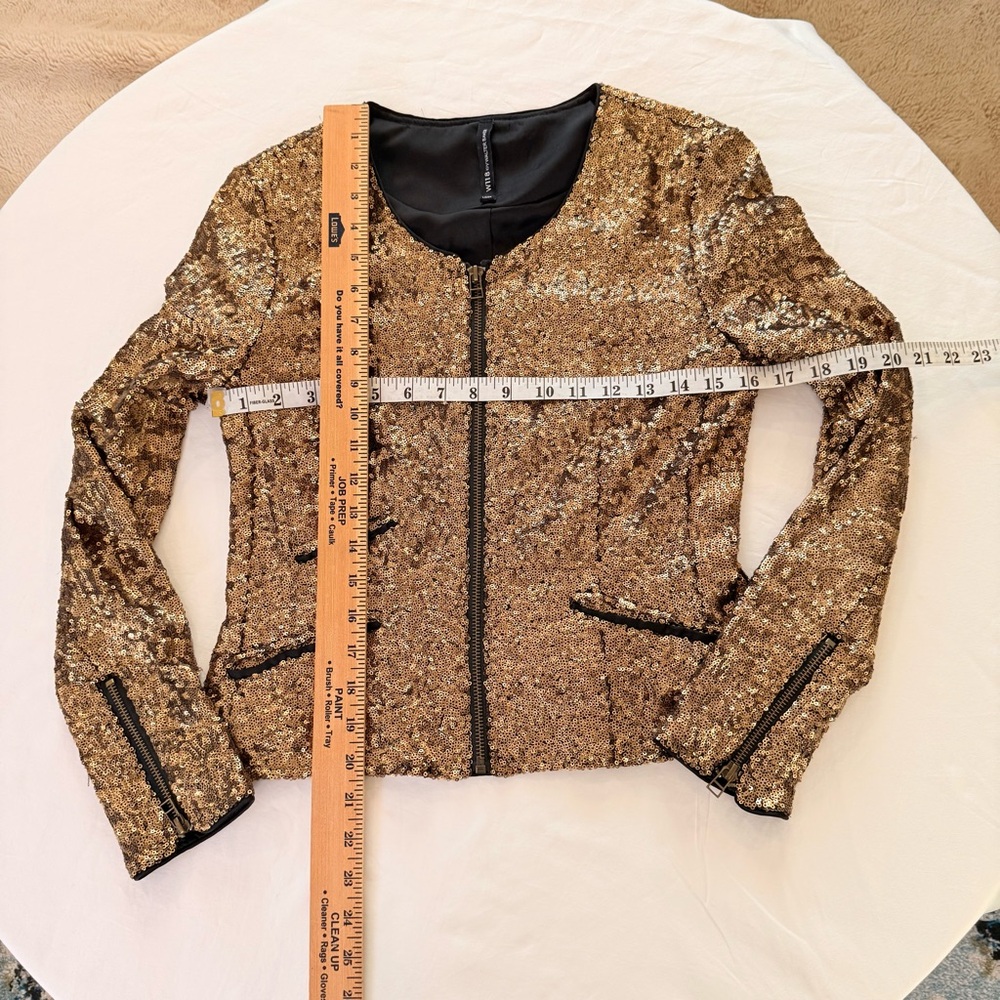 VINTAGE W118 by Walter Baker Gold/Bronze Sequin Zip Moto Jacket Size S Pristine - Picture 9 of 13